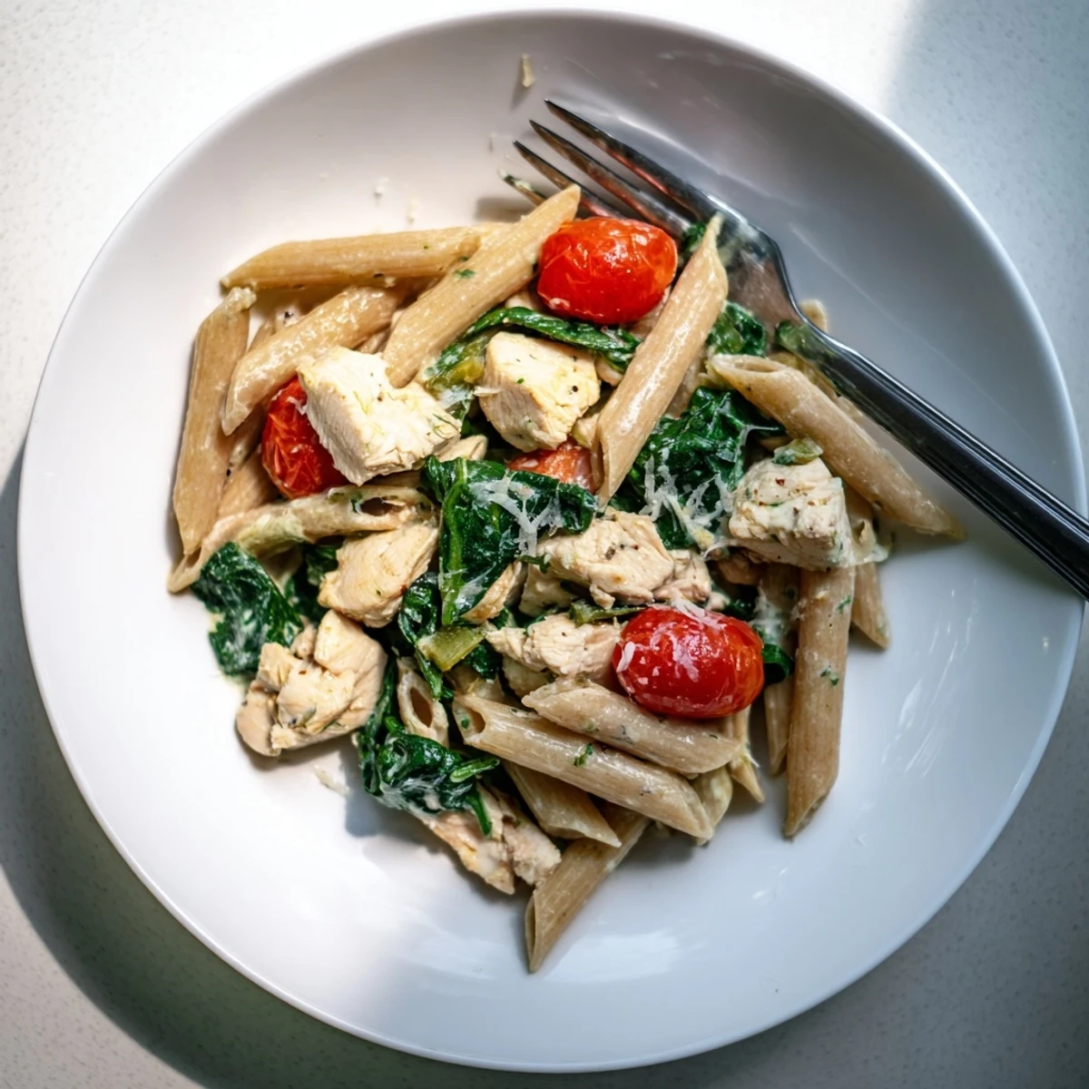 A close-up of Greek Yogurt Chicken Pasta in a white bowl, with whole wheat penne coated in a creamy yogurt sauce, tender chicken pieces, and halved cherry tomatoes.