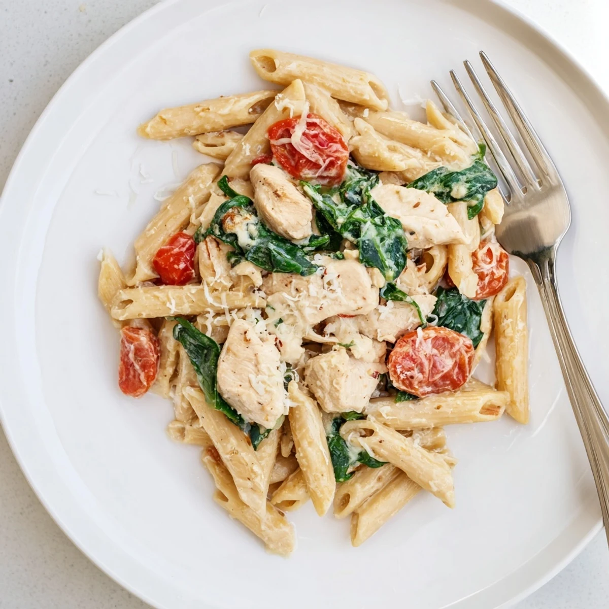 Steaming Greek Yogurt Chicken Pasta in a shallow dish, highlighting the luscious Greek yogurt sauce clinging to the penne and golden-brown chicken, perfect for a high-protein dinner.