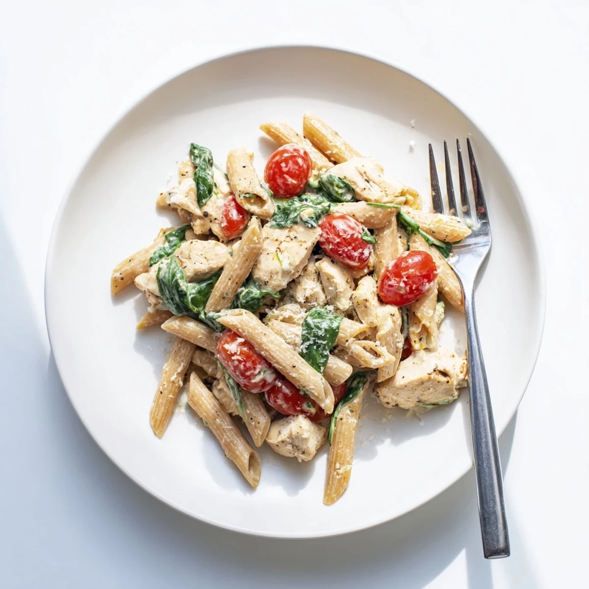 Freshly cooked Greek Yogurt Chicken Pasta served in a skillet, garnished with fresh basil and Parmesan, featuring wilted spinach and juicy cherry tomatoes mixed throughout.