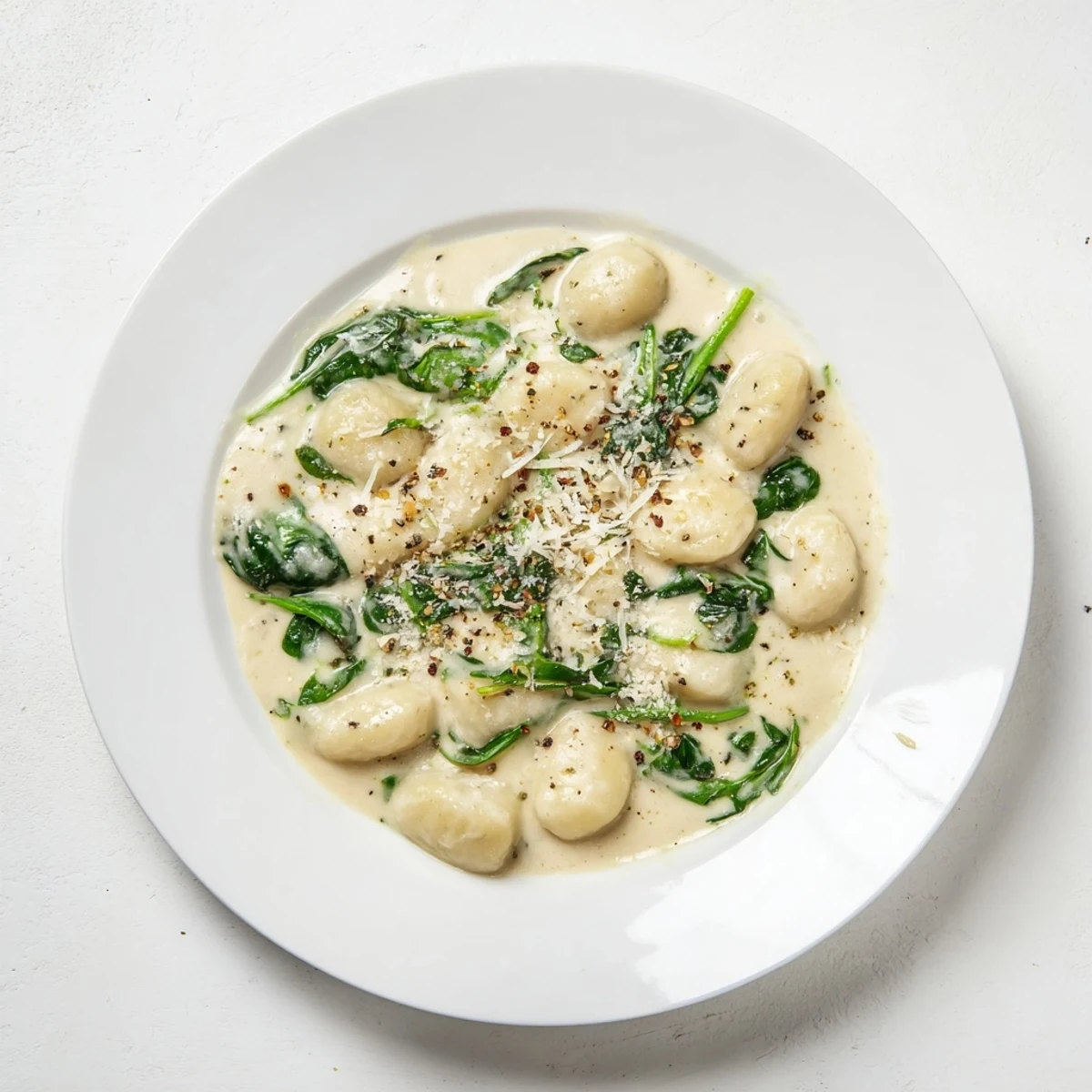 A skillet of Creamy Garlic Gnocchi tossed with spinach, ready to serve for an easy dinner.
