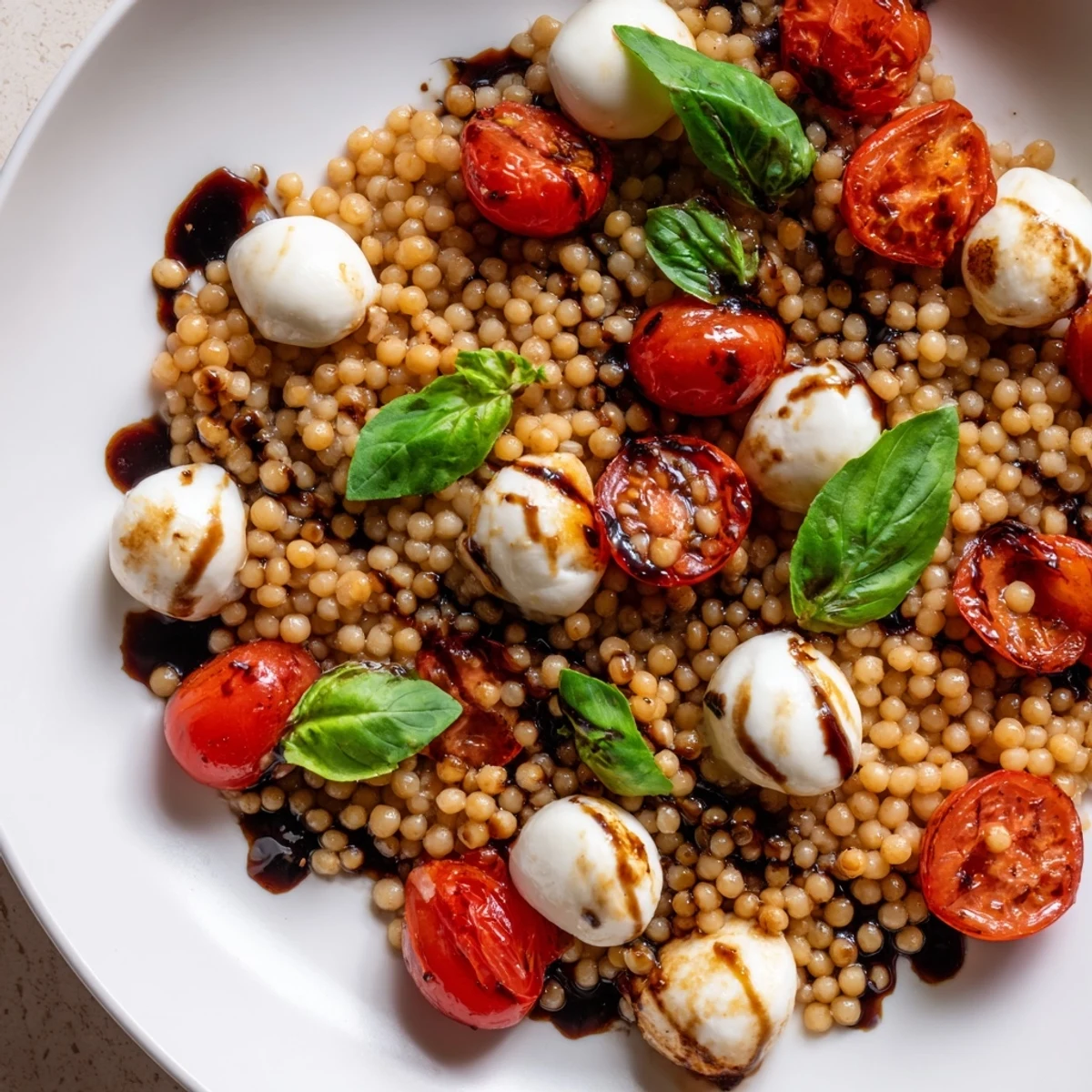 A vibrant bowl of Caprese Couscous Salad with juicy cherry tomatoes and creamy mozzarella pearls, drizzled with balsamic glaze.