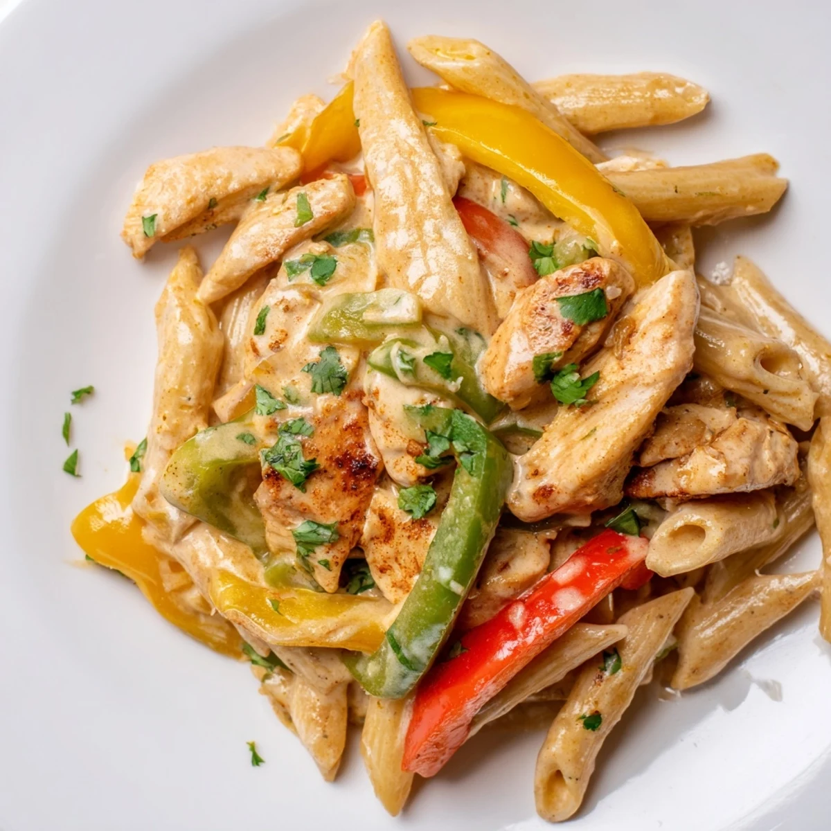Golden pasta and fajita-spiced chicken in a creamy Tex-Mex skillet, ready to serve.
