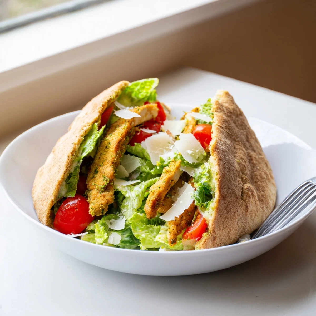 Fresh romaine, shaved Parmesan, and tender herbed chicken Caesar pitas filled with crunchy panko-crusted slices and creamy dressing.