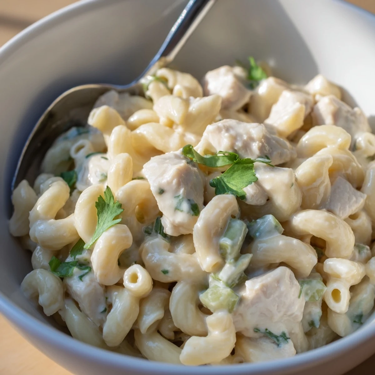 Green Chili Chicken Mac features tender chicken and mild green chiles enveloped in a creamy, velvety cheese sauce inside a skillet.