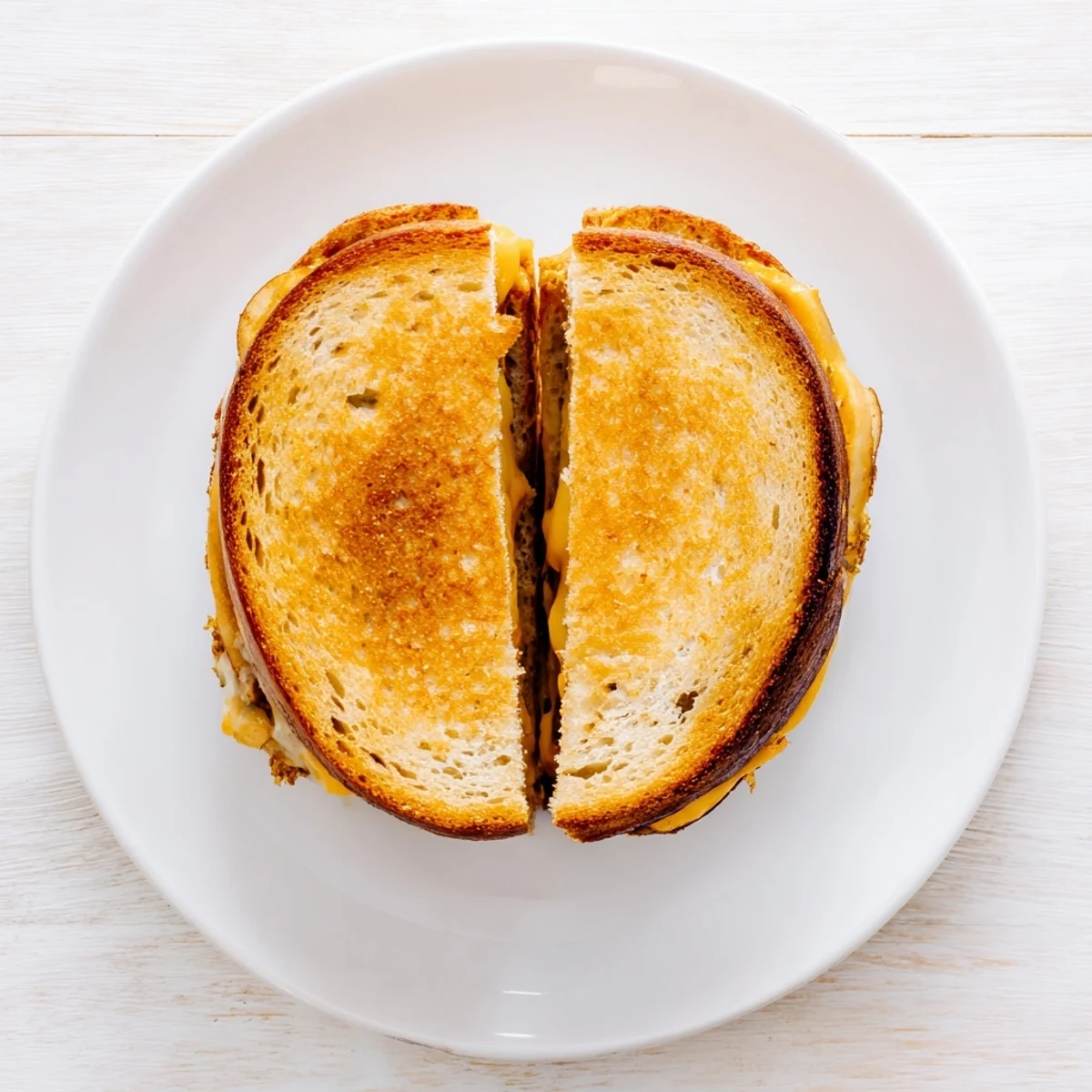 A close-up view of a buttery Smoked Gouda & Apple Grilled Cheese, revealing gooey, melted cheese and tart apple layers between toasted bread.