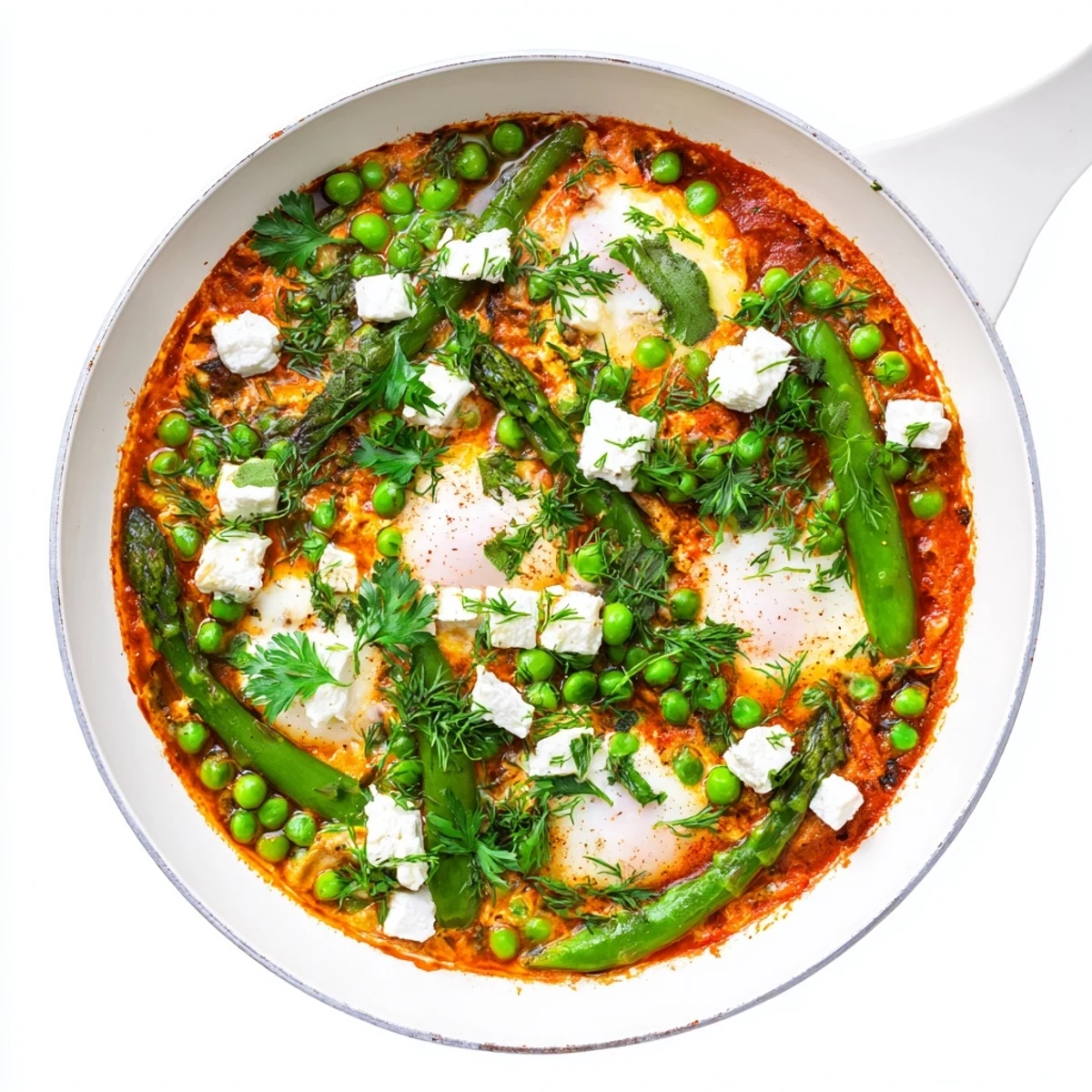 A vibrant Pea and Broad Bean Shakshuka with runny yolk eggs in a spiced tomato sauce, served with lemon wedges and crusty bread.