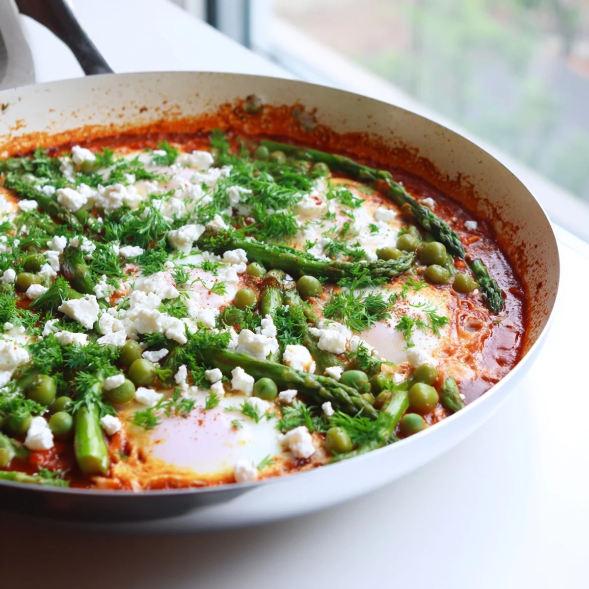 Colorful Pea and Broad Bean Shakshuka topped with crumbled feta and fresh parsley, perfect for a spring vegetarian dinner with warm pita.