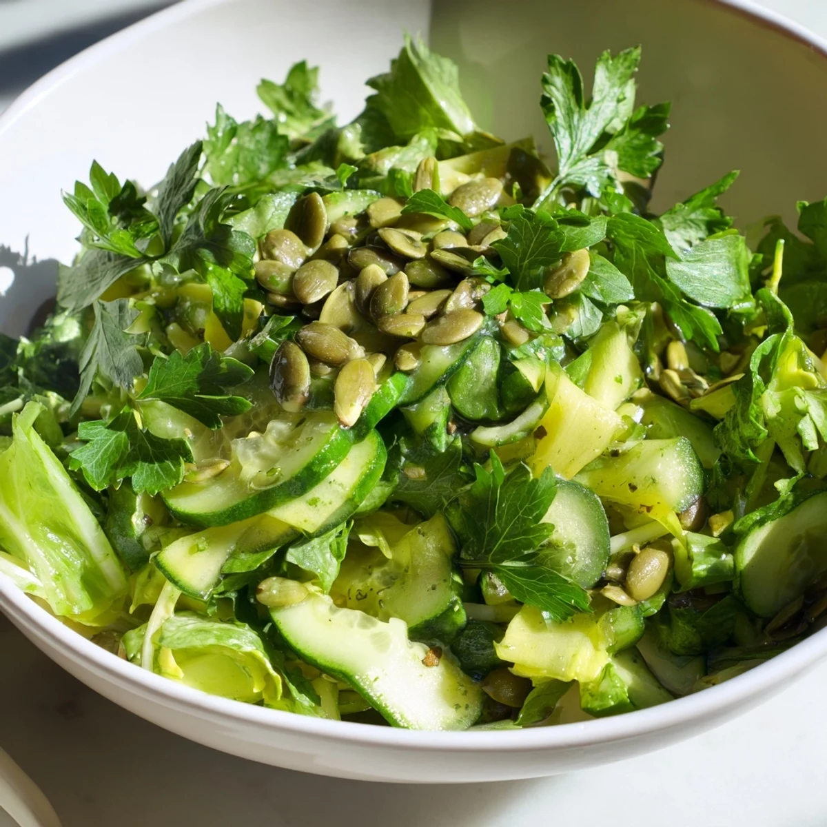 A close-up of the vibrant Glowing Green Salad, showcasing crisp greens, cucumber, and bell pepper glistening with zesty lemon vinaigrette.