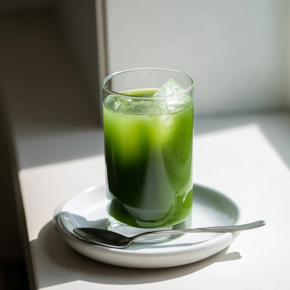 A tall glass of vibrant green Cabbage and Kale Detox Juice, packed with fresh kale leaves and crisp cucumber, garnished with a lemon wedge and served over ice for a refreshing, nutrient-rich cleanse.  