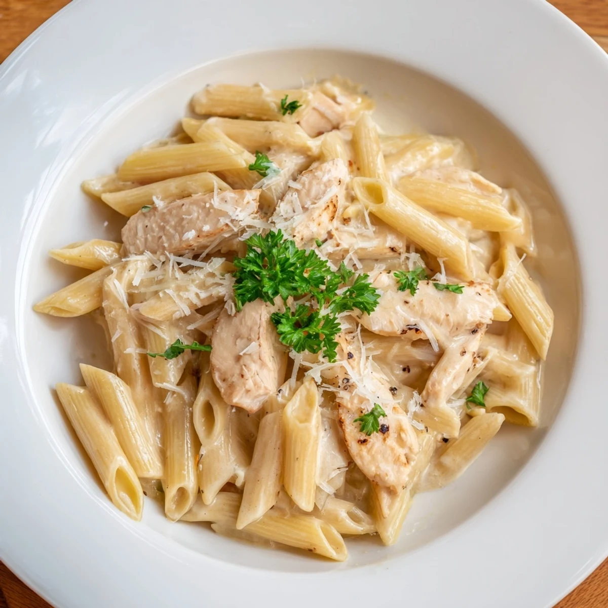 Close-up of Roasted Garlic Chicken Penne: Penne tossed with roasted garlic paste, sliced chicken, and creamy sauce in a skillet.