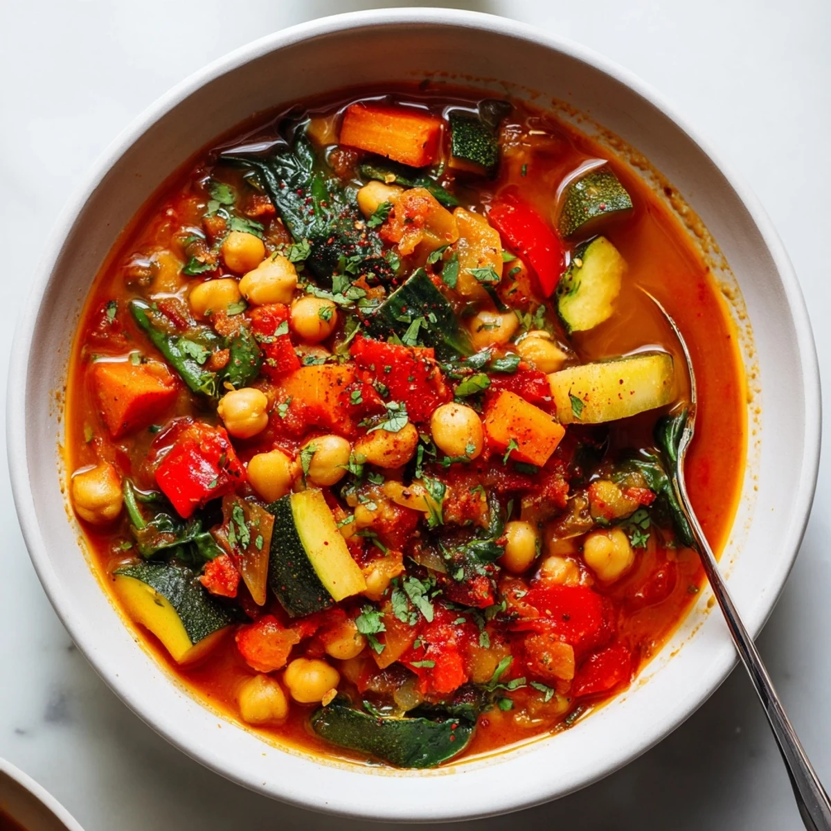 A warm bowl of Spicy Chickpea Stew with tender chickpeas, vibrant spinach, and a garnish of fresh cilantro.  