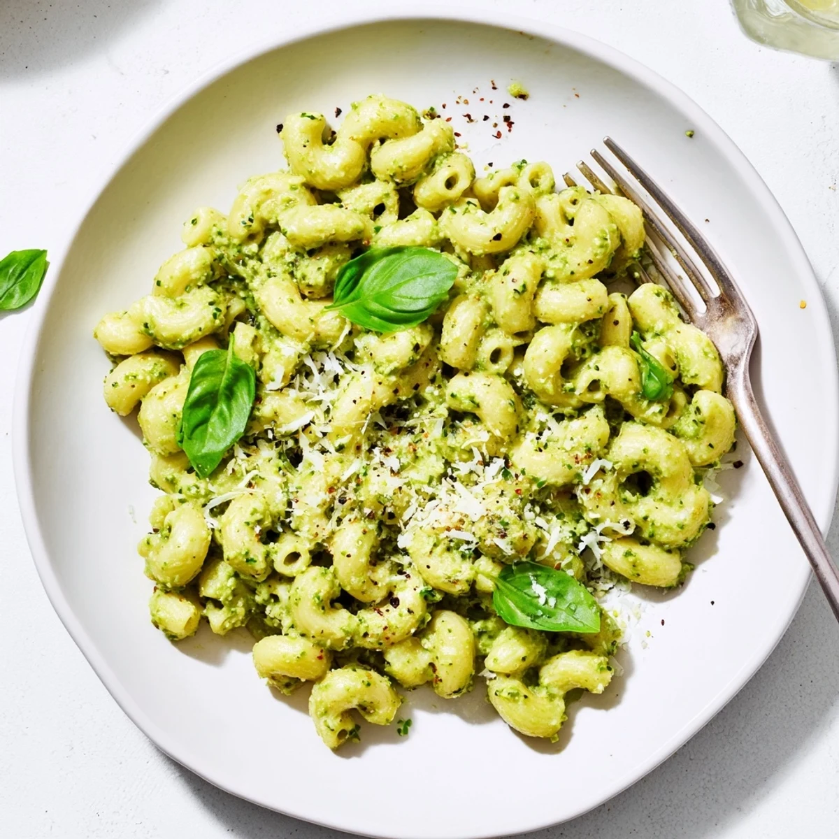 This vibrant Creamy Avocado Pesto Mac features tender pasta tossed in a luscious, bright green avocado and basil sauce.  
