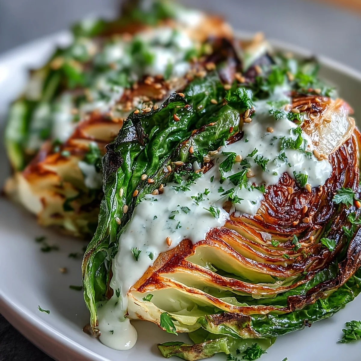 Golden roasted cabbage wedges glistening under creamy tahini drizzle.