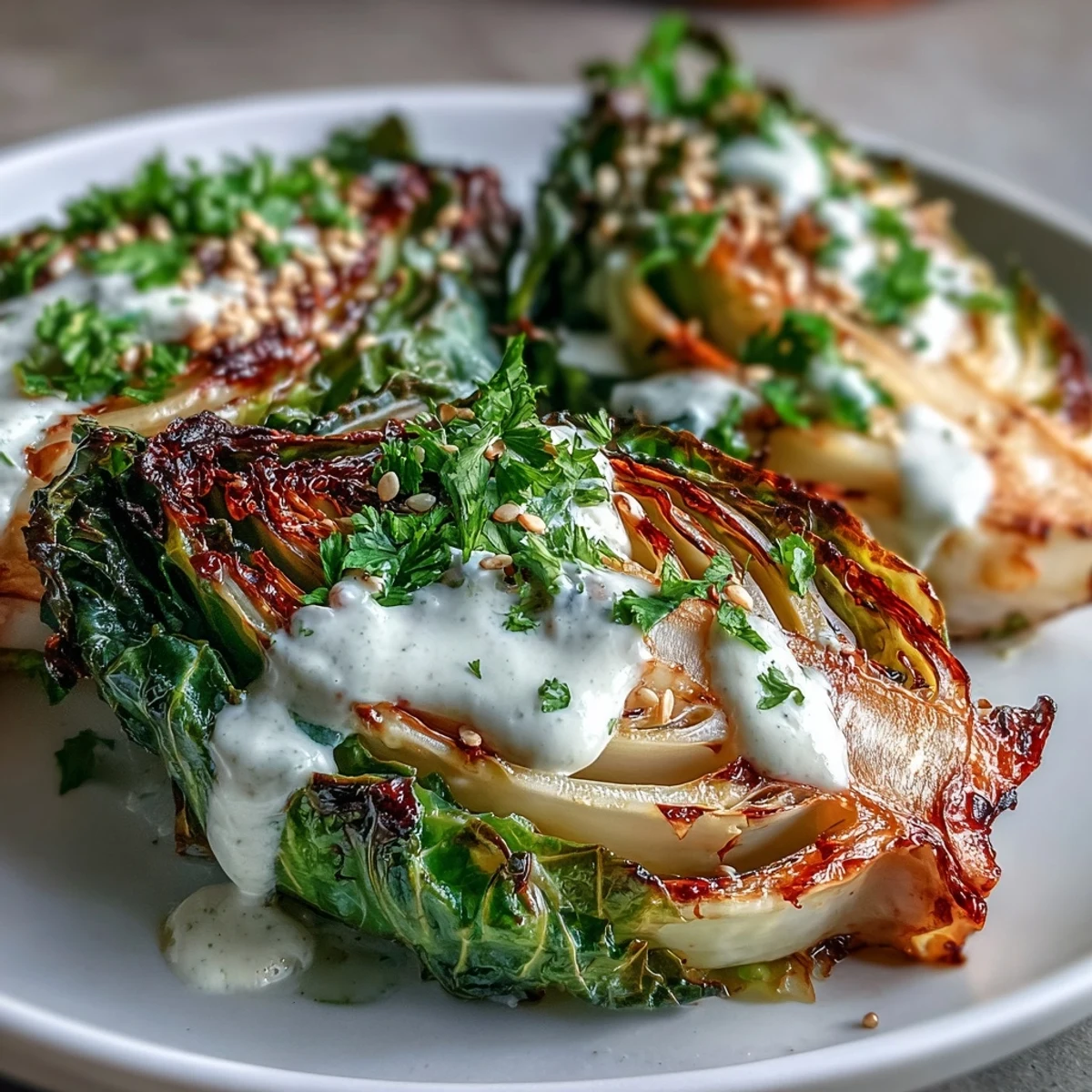 Tender roasted cabbage wedges with savory tahini sauce, a delicious plant-based side.