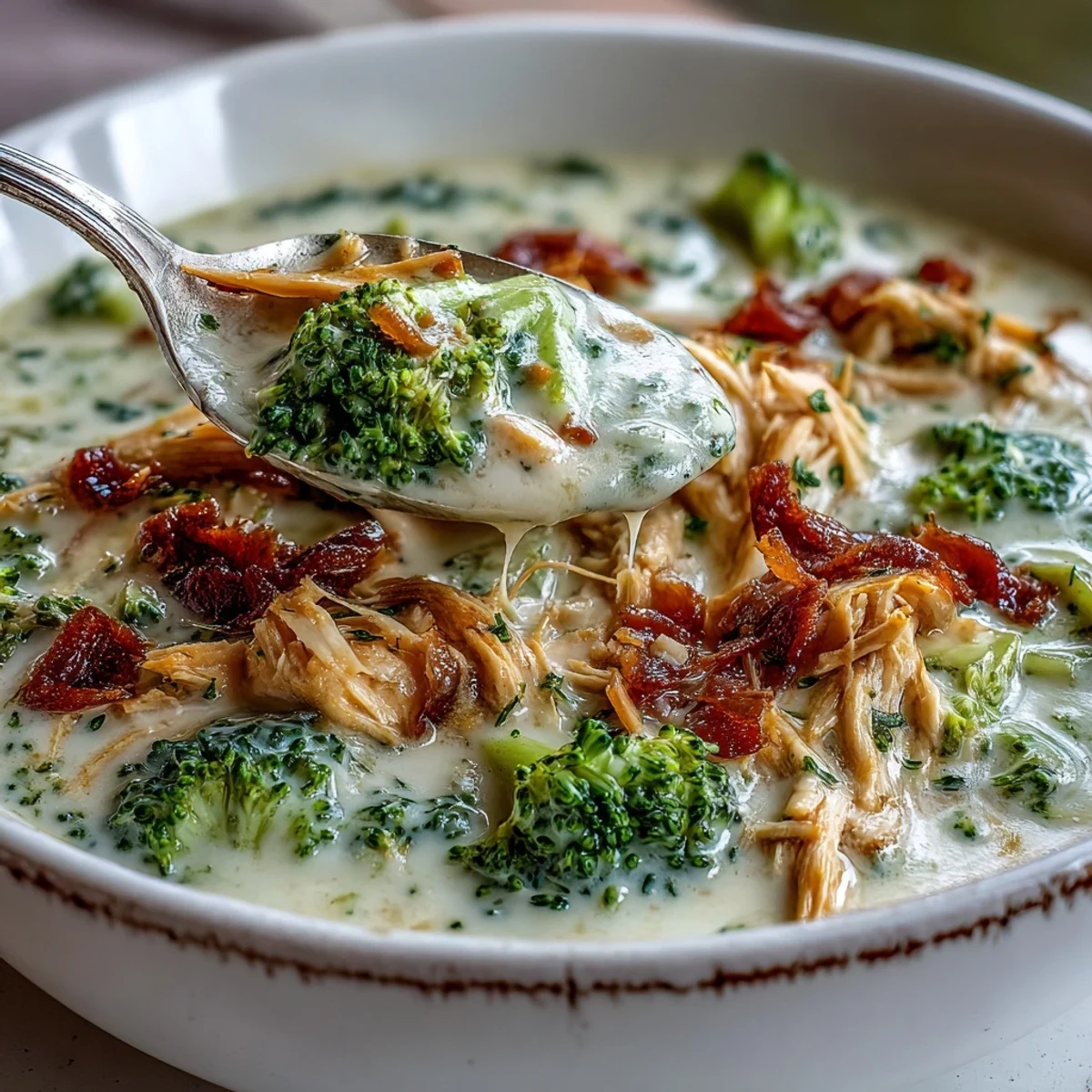 Creamy Best Chicken Broccoli Cheddar Soup in a rustic bowl, loaded with tender chicken, bright green broccoli florets, and melted sharp cheddar.