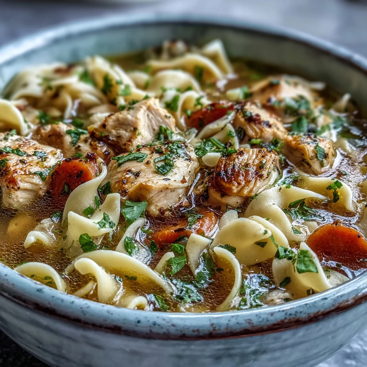 Homemade Chicken Noodle Soup steaming in a rustic bowl with tender shredded chicken, carrots, celery, and wide egg noodles.