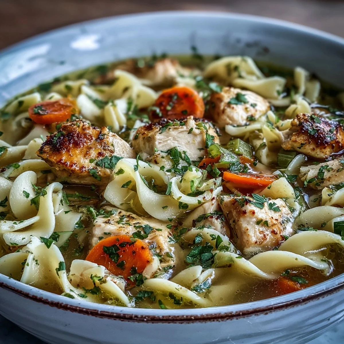 Close-up of Chicken Noodle Soup featuring herbs and glossy broth, highlighting tender vegetables and hearty noodles in a cozy setup.