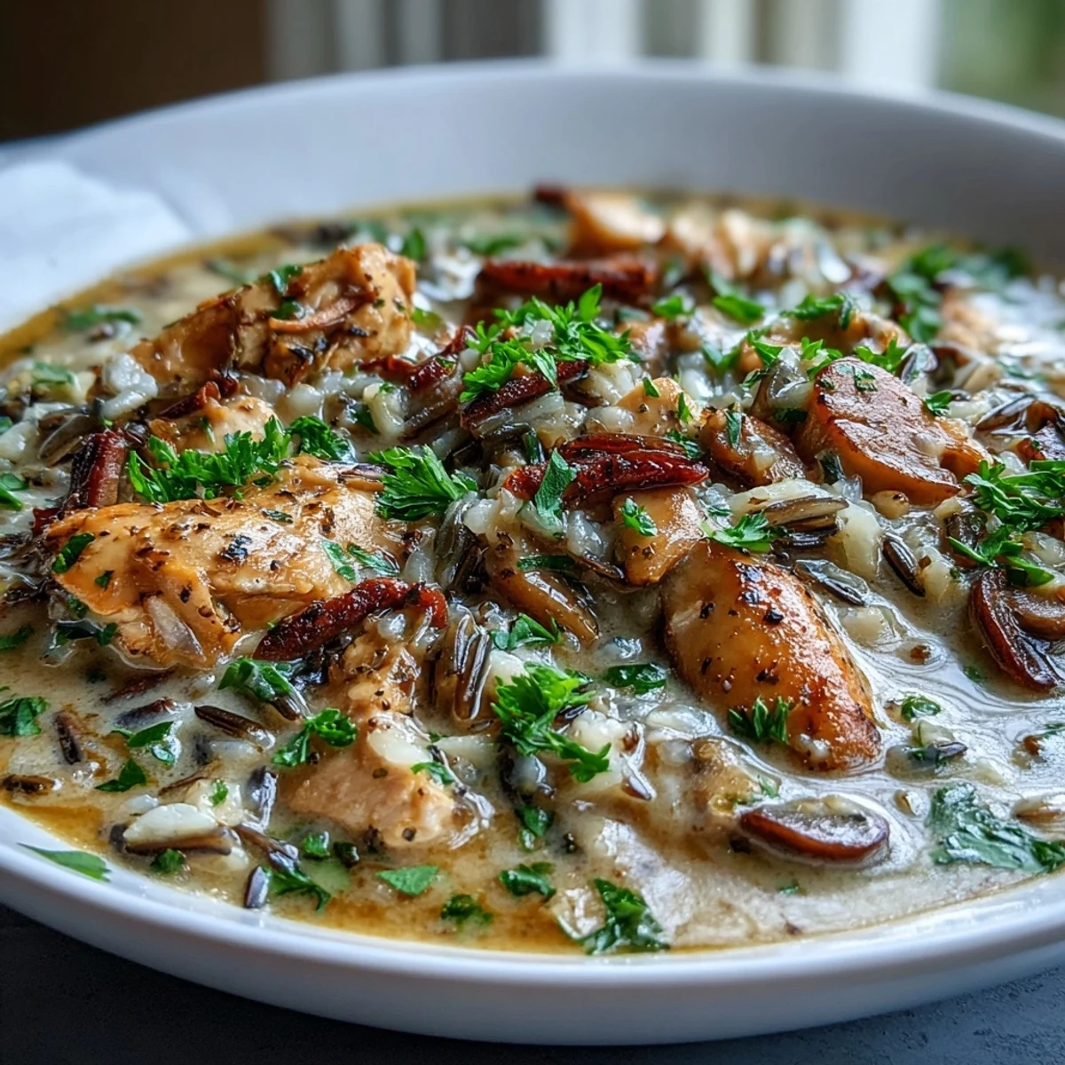Creamy Parmesan Mushroom Chicken and Wild Rice Soup steaming in a rustic bowl, garnished with fresh parsley.