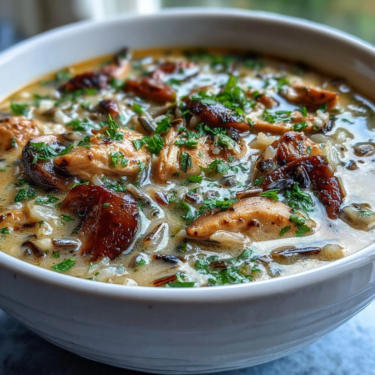 A close-up of hearty Parmesan Mushroom Chicken and Wild Rice Soup with tender chicken, mushrooms, and melted cheese.