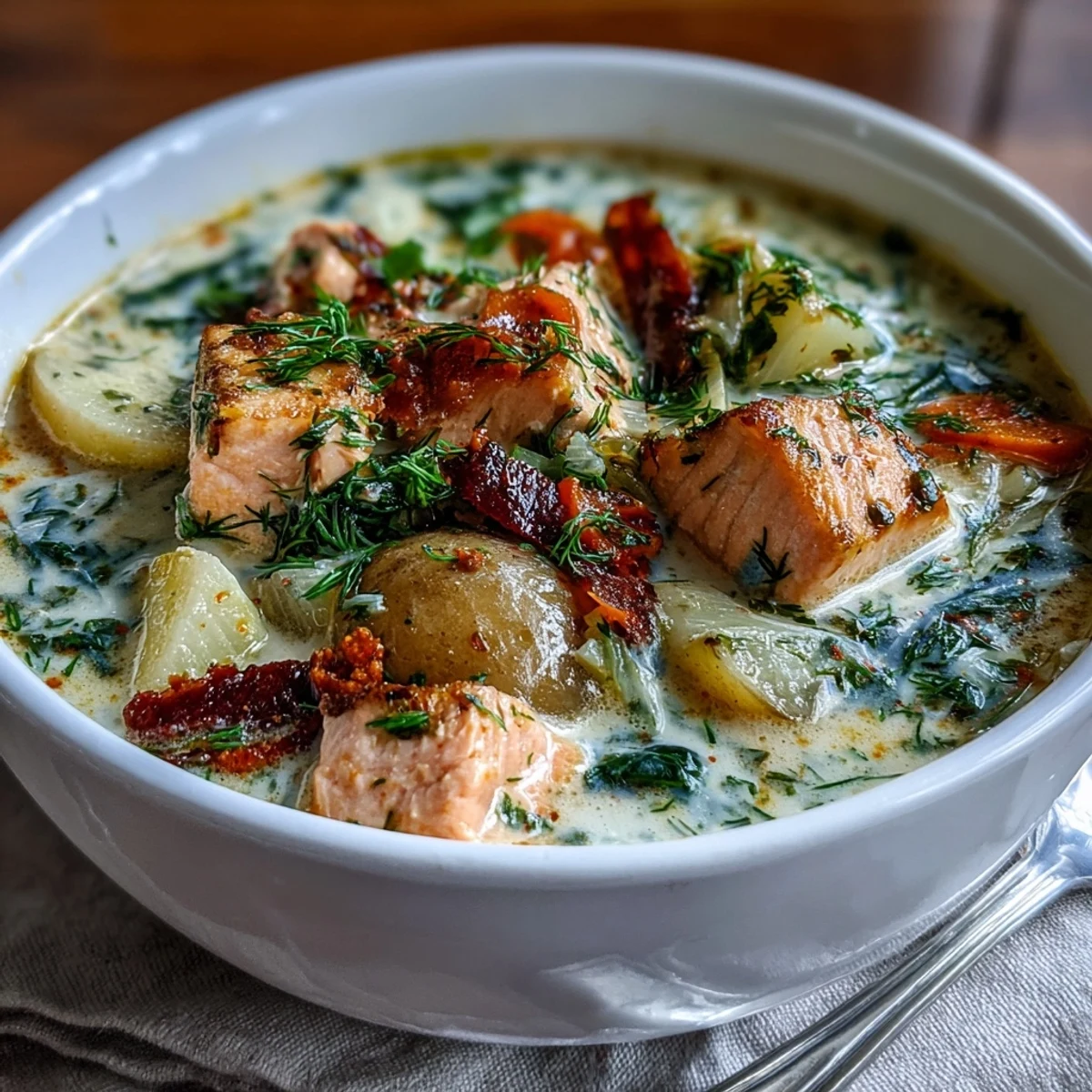 A warm bowl of Finnish Salmon Soup, featuring tender salmon cubes, soft potatoes, and fresh dill in a creamy broth.
