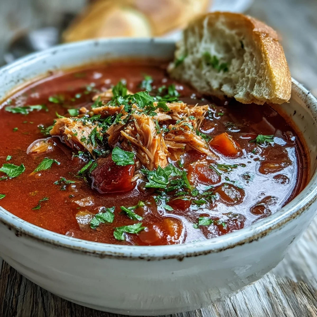A bowl of homemade Tuna and Tomato Soup garnished with fresh parsley and served alongside crusty bread.