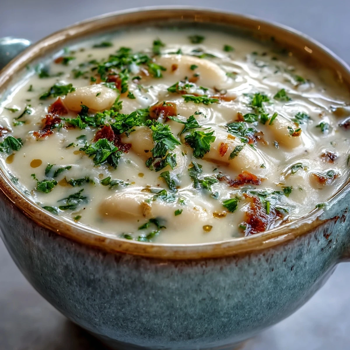 Creamy White Bean and Parmesan Soup ladled into a rustic bowl, topped with fresh parsley and extra grated cheese, beside crusty bread for dipping.