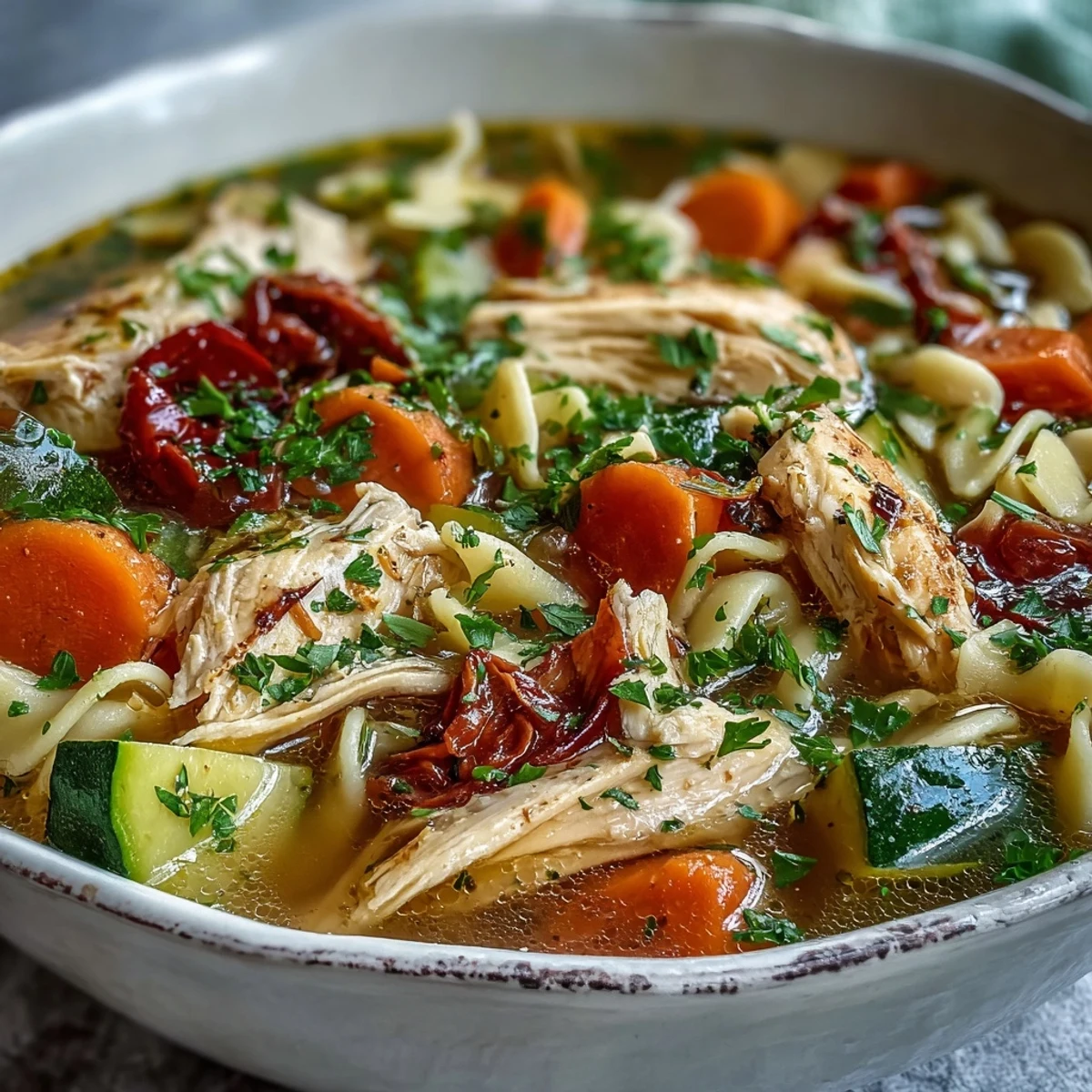 A steaming bowl of Pasta Soup With Chicken and Vegetables, featuring tender chicken cubes, ditalini pasta, and colorful vegetables in a rich golden broth. 