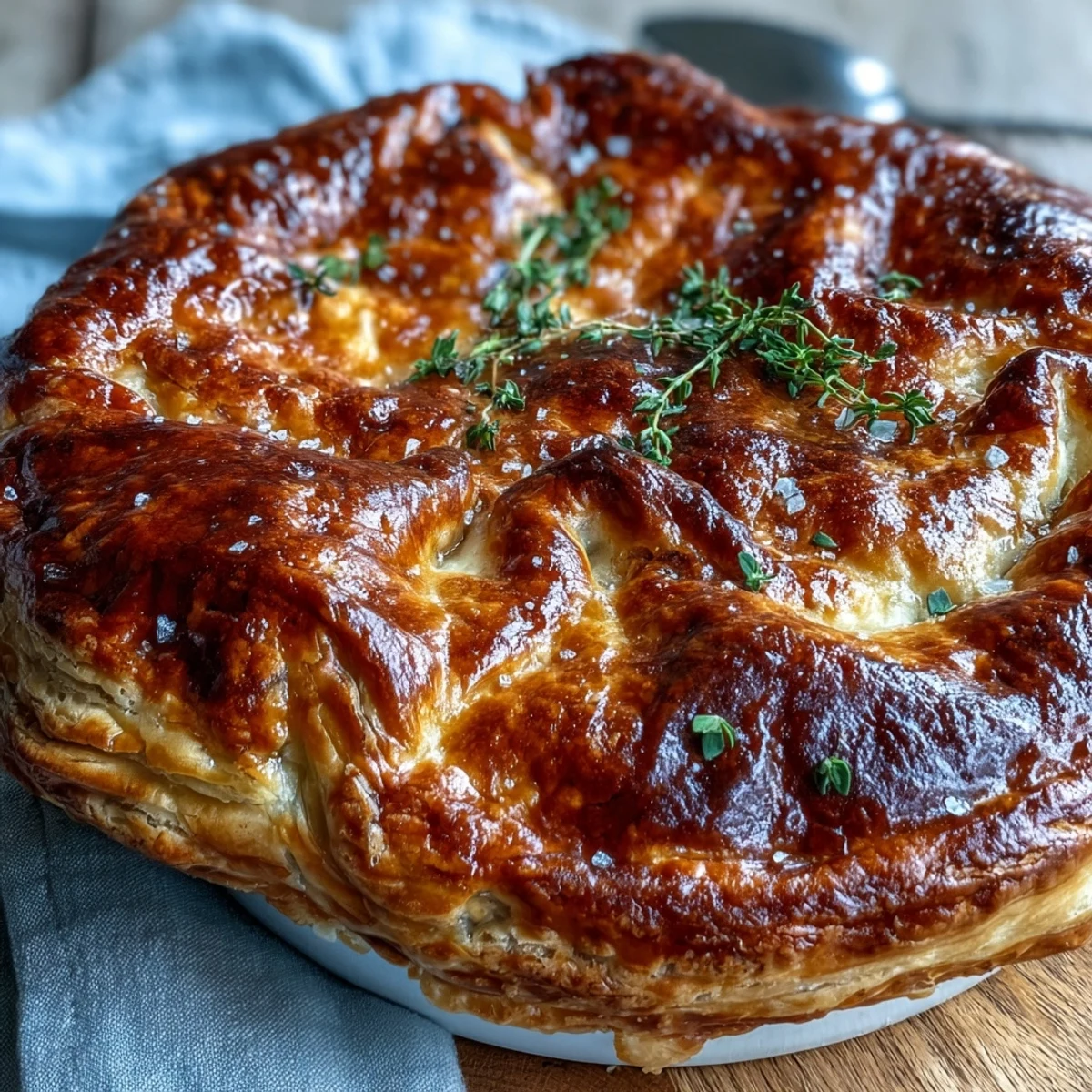 Freshly baked Chicken and Leek Pie emerges from the oven with golden, flaky pastry and steam rising from the savory filling. The rustic dish rests on a wooden table ready to be sliced. Creamy chicken, smoky bacon, and tender leeks peek out from the crisp crust, promising a comforting meal. A perfect image for cozy family dinners or holiday gatherings.
