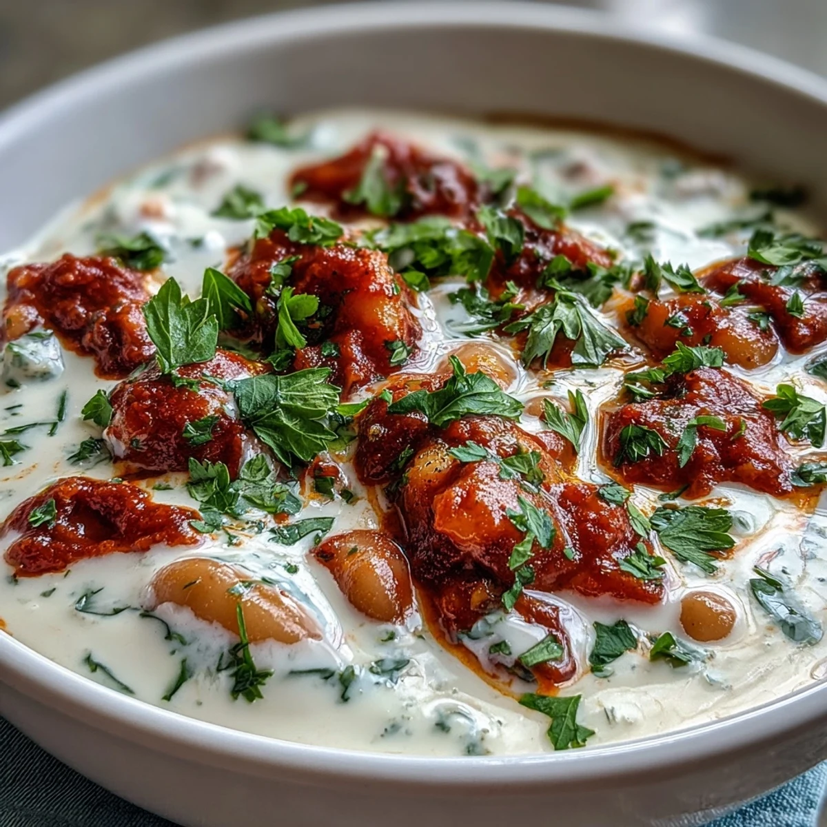 Creamy white bean soup with tomato is garnished with fresh parsley in a rustic bowl.