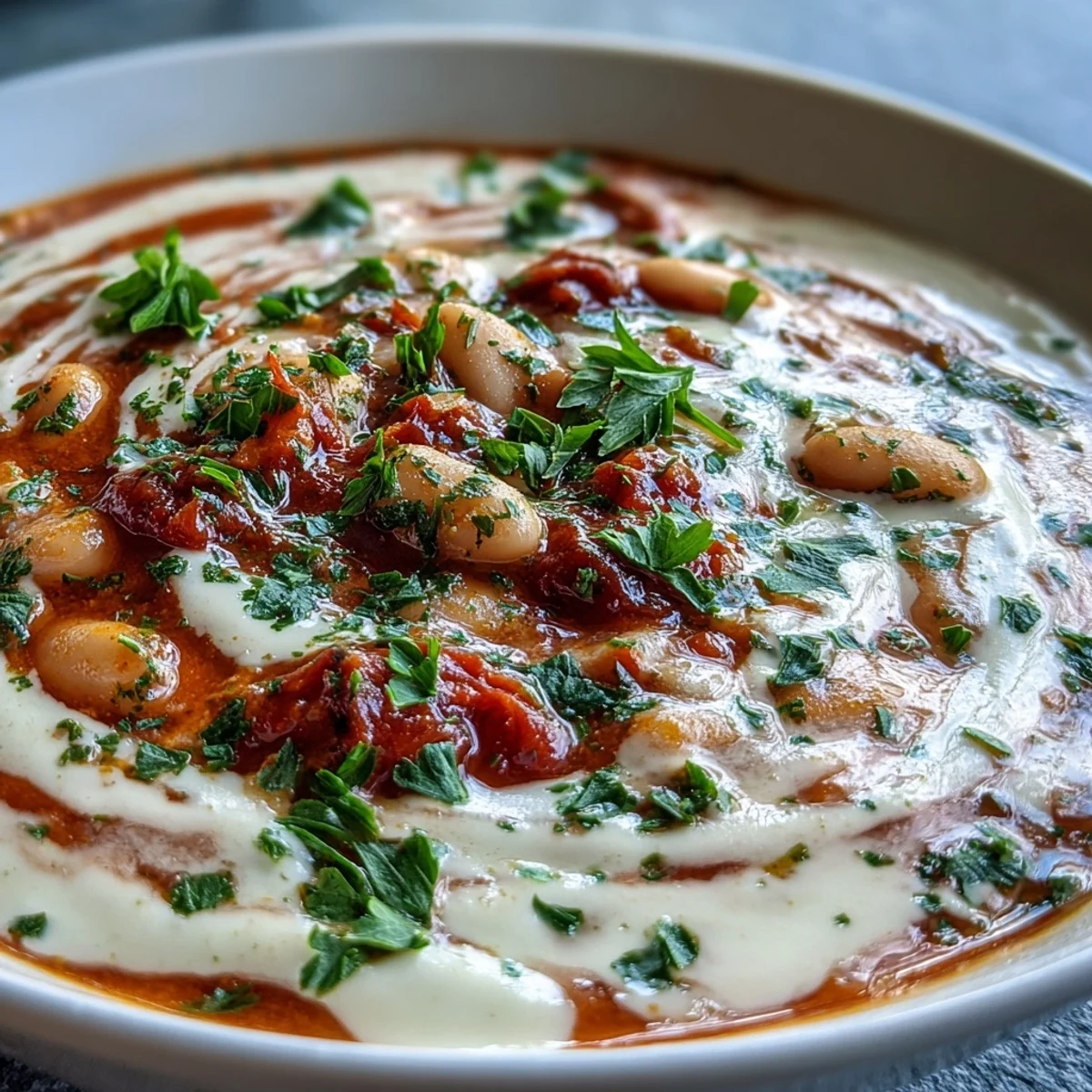 Hearty white bean soup with tomato served alongside crusty bread for dipping on a cozy table.
