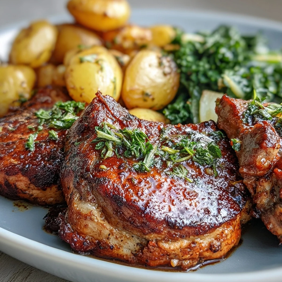 Juicy Aleppo Pork Chops roasted with golden potatoes and garlicky kale, garnished with lemon zest and pimentón.