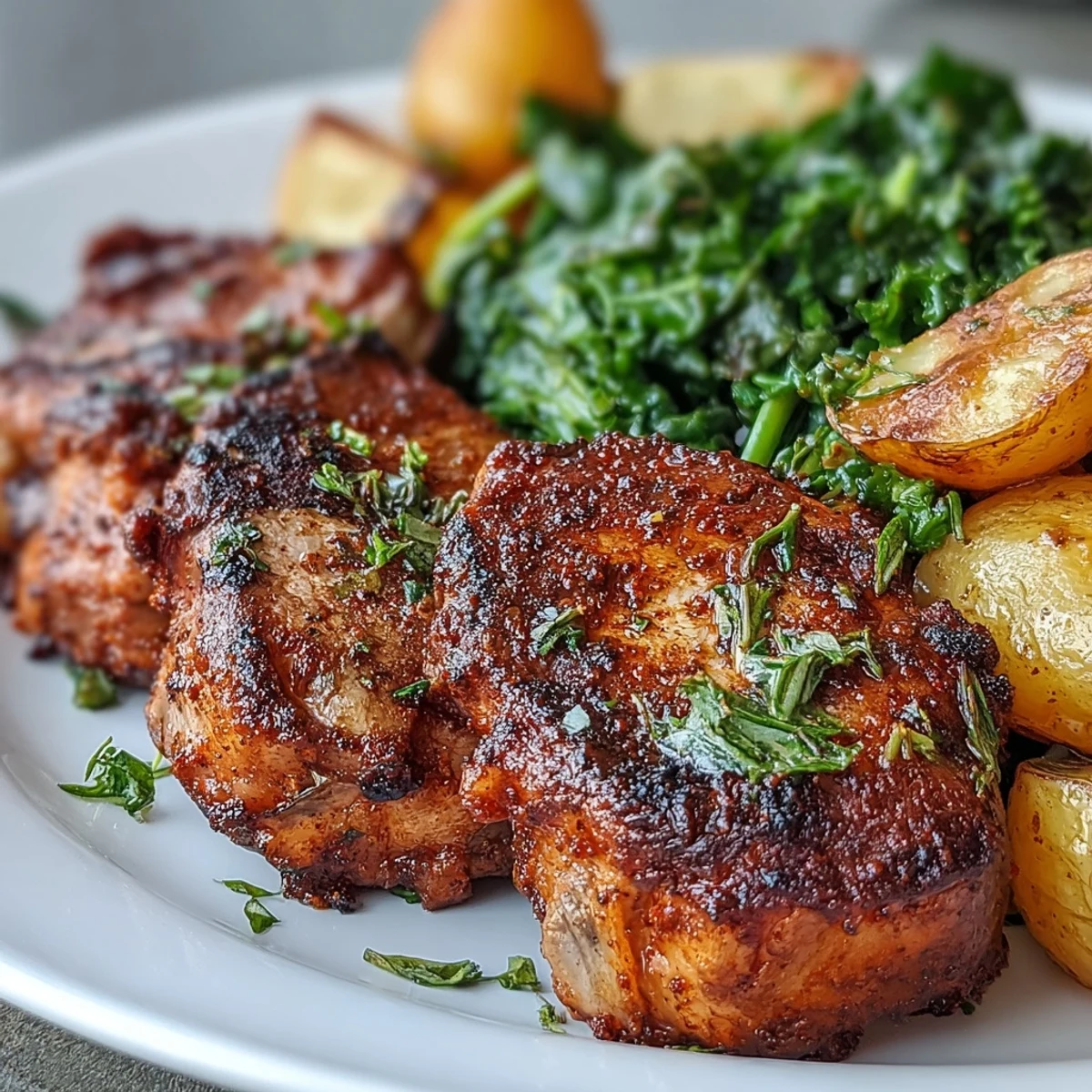Tender bone-in Aleppo Pork Chops paired with crispy roasted potatoes and sautéed greens on a warm platter.