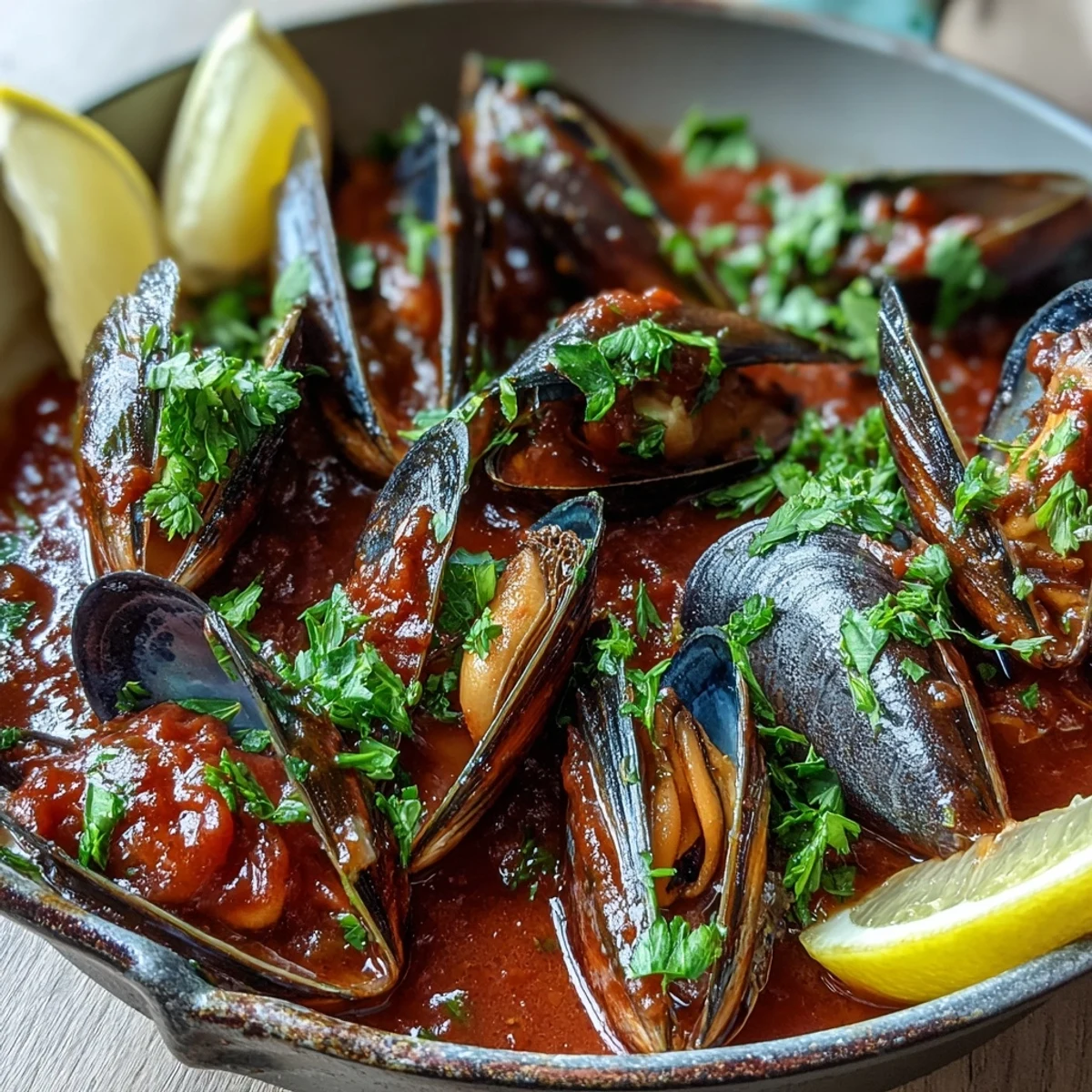 Freshly chopped parsley and lemon wedges garnish the steaming Smoky Mussels Pomodoro, highlighting the bright red sauce in a rustic bowl.