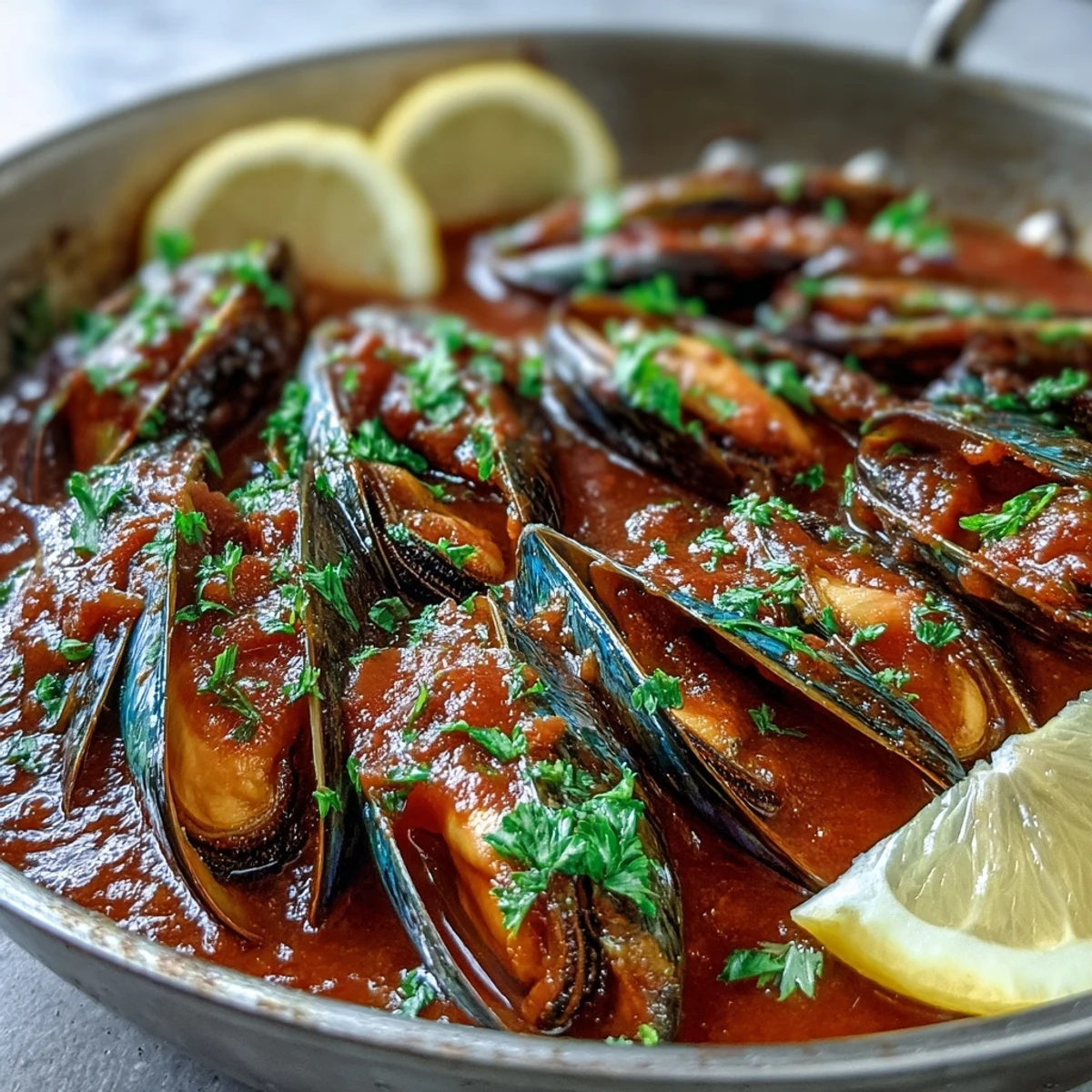 A close-up of Smoky Mussels Pomodoro shows opened shells in a rich, garlicky broth, served alongside grilled sourdough slices.