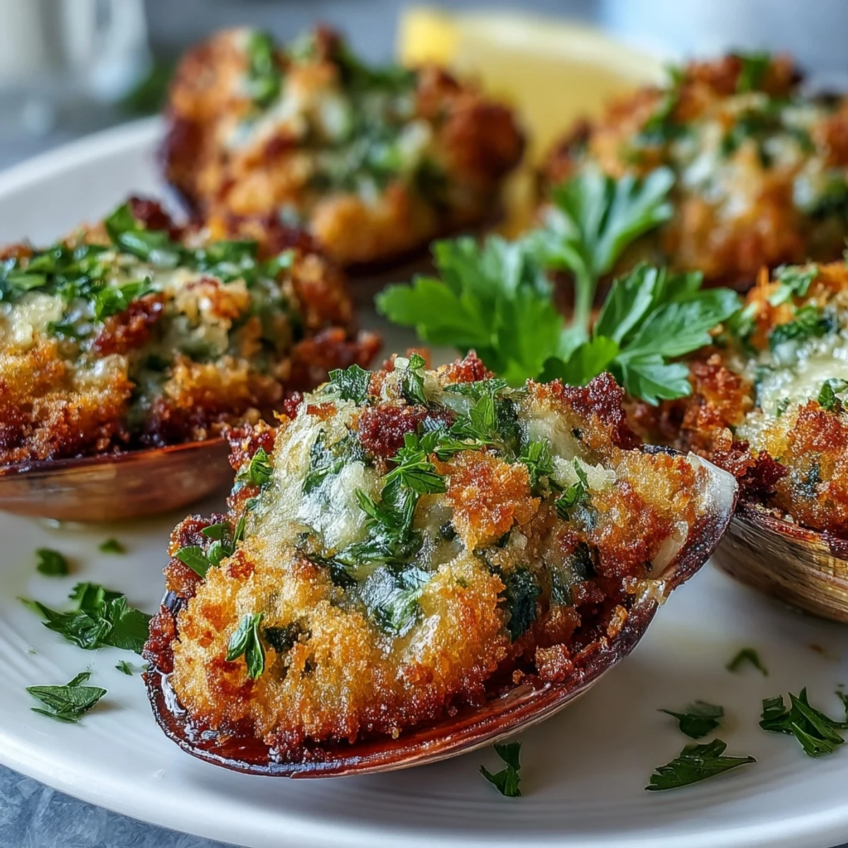 Freshly baked Roasted Clams With Lemony Panko topped with bright green parsley and garlic butter.