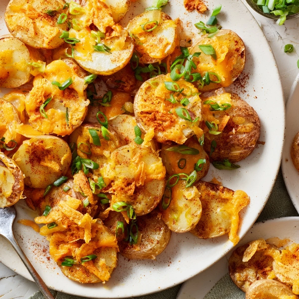 Crispy smashed green onion potato bombs topped with melted cheese and fresh herbs.  