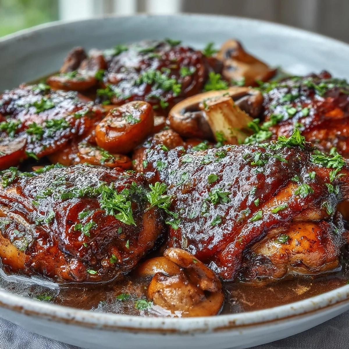 Tender chicken pieces in a creamy Coq au Vin Rosé, garnished with fresh parsley, served alongside buttered potatoes.
