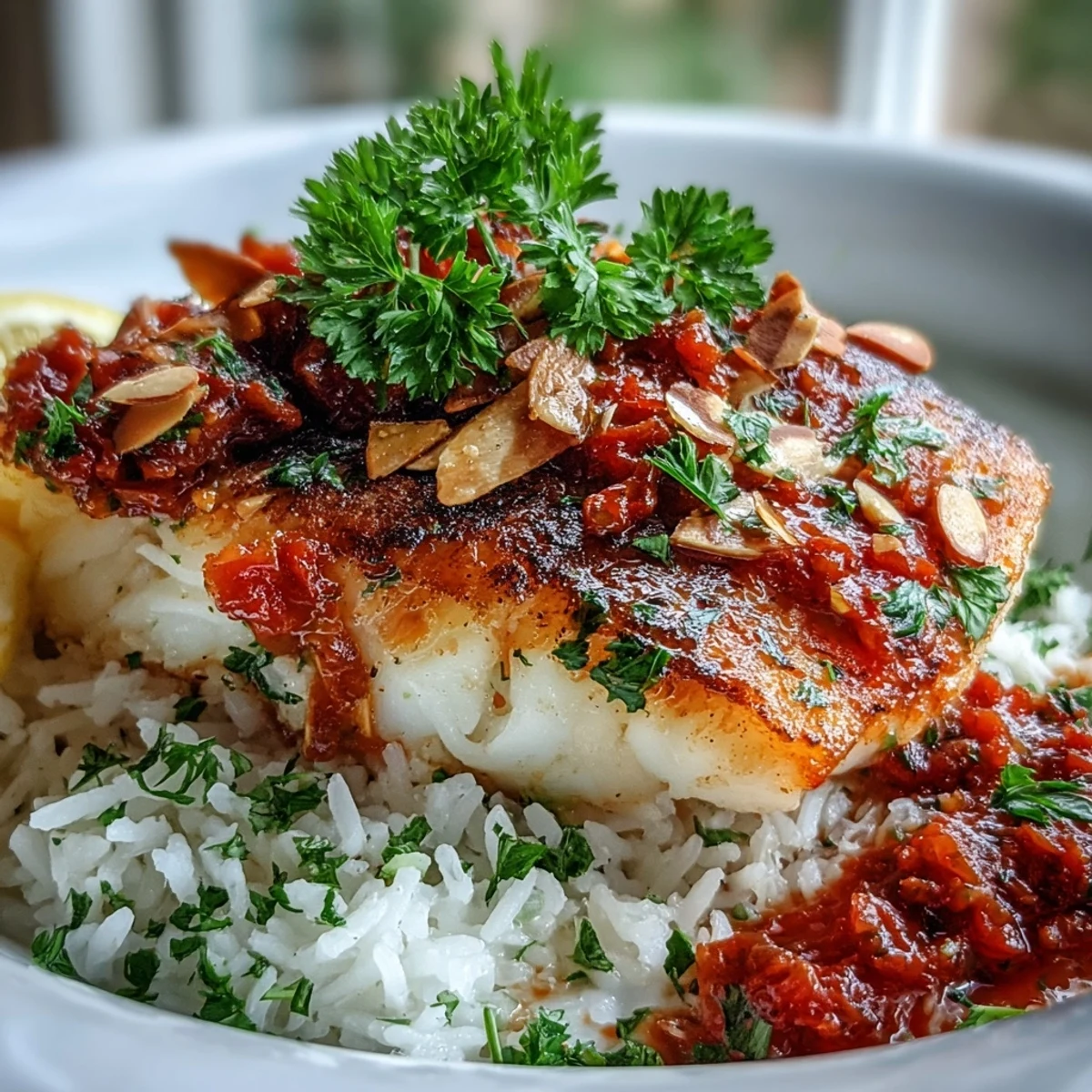 Savory tomato-roasted cod fillets nestled in a zesty sauce, topped with crunchy spiced almonds and served over fragrant ginger rice.  