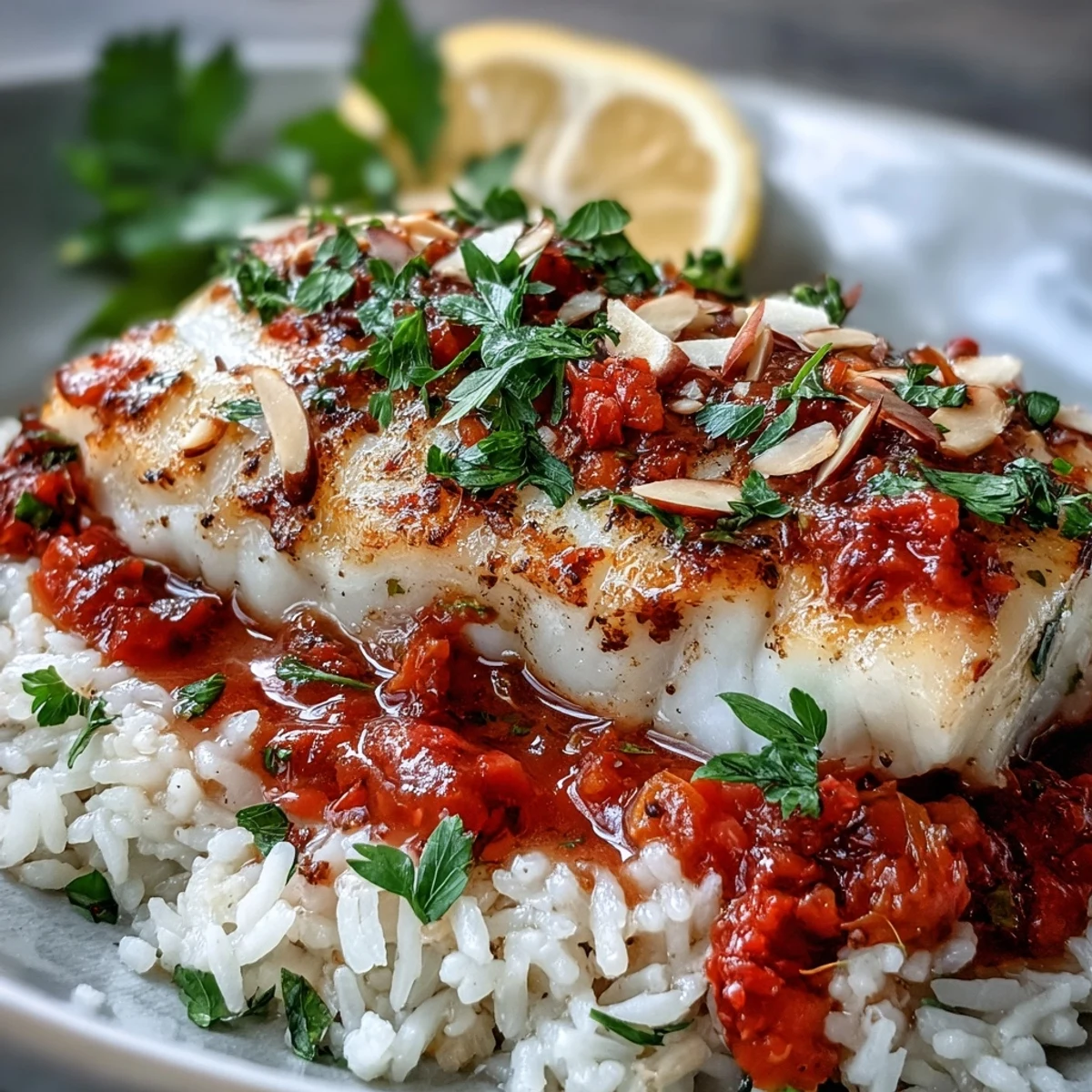 Warm Mediterranean-style tomato-roasted cod flaking tenderly, accompanied by golden spiced almonds and fluffy ginger rice for a healthy meal.