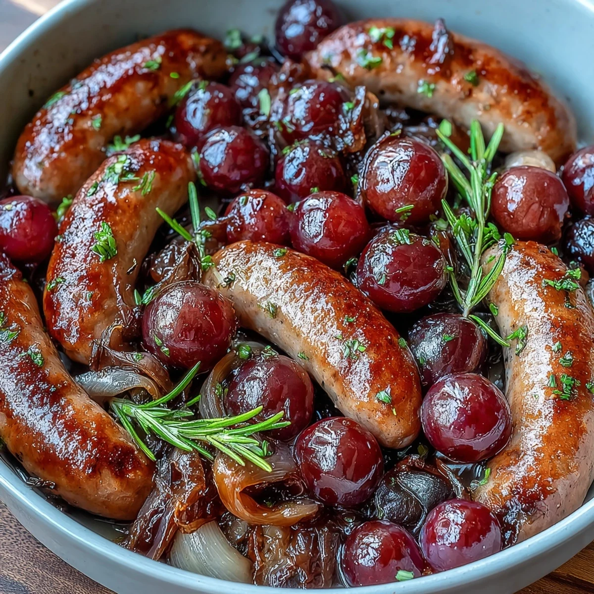 Italian-inspired roasted sausage and grapes served over creamy polenta with rosemary sprigs nearby.