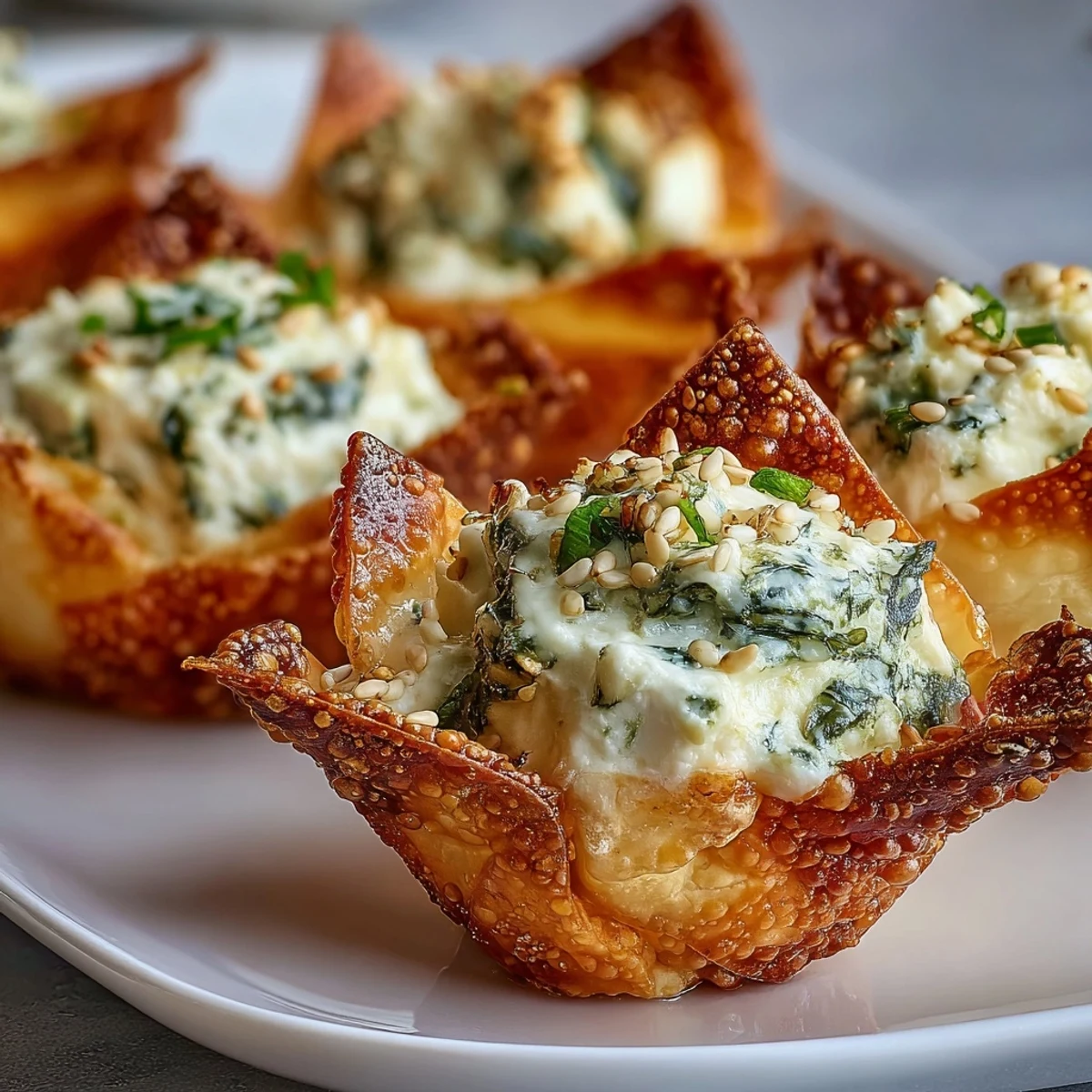 Crispy baked Mediterranean Spinach and Feta Cheese Crisps in golden wonton cups, garnished with fresh parsley and lemon zest.