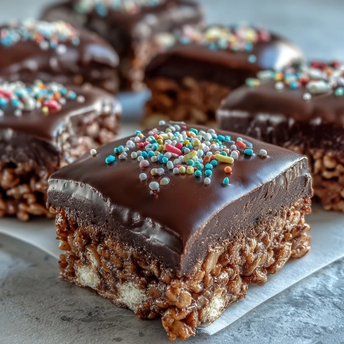 Gooey marshmallow squares loaded with crispy rice cereal and drenched in rich chocolate.