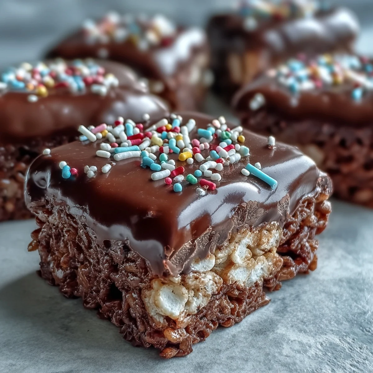 Homemade Chocolate Covered Rice Krispy Treats on a platter, sprinkled with colorful toppings.