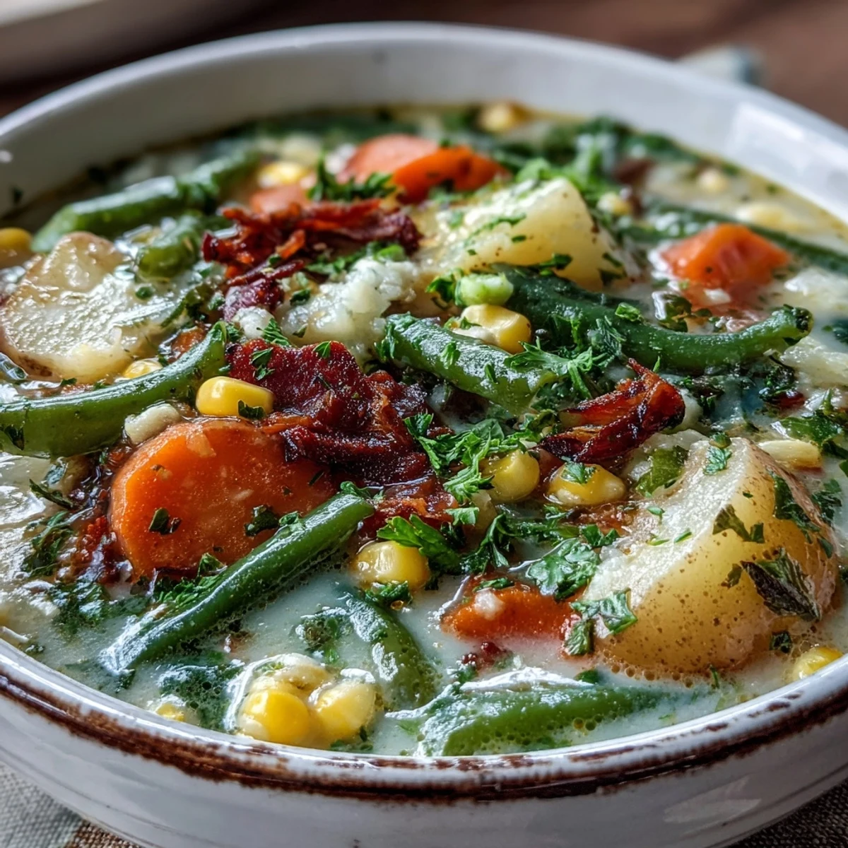 A close-up view of Amish Snow Day Soup showcasing tender potatoes, corn, and carrots in rich broth.