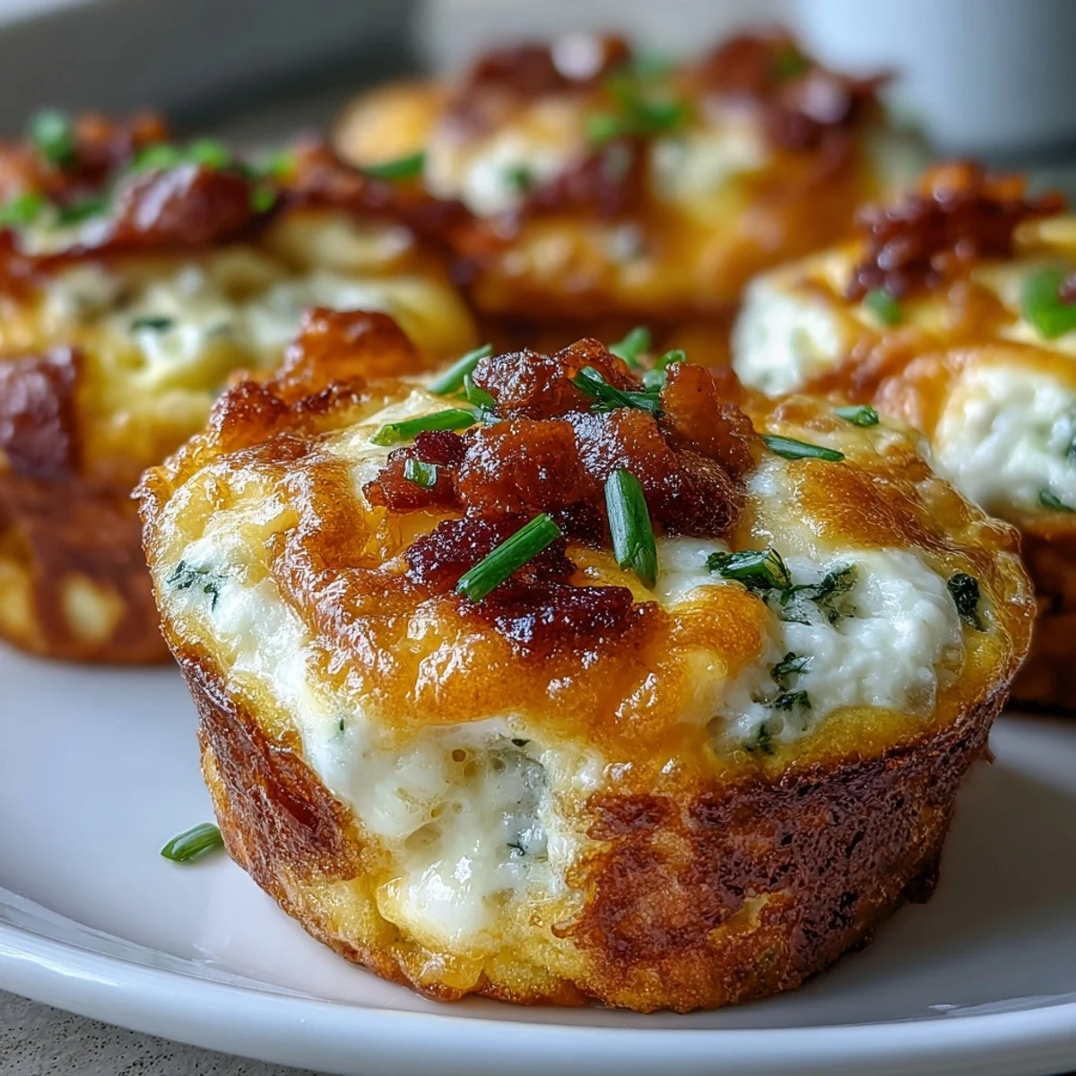 Golden-brown Breakfast Egg Muffins with melted cheddar, bacon, and peppers on a plate for a quick meal.