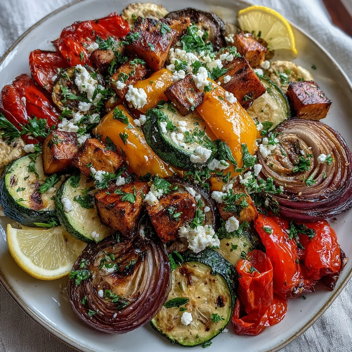 A vibrant platter of Roasted Mediterranean Greek Vegetables with feta and parsley garnish, served warm as a healthy vegetarian main.