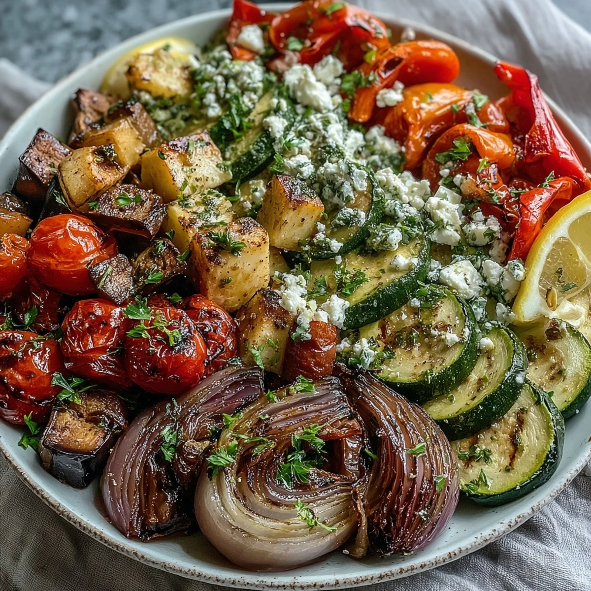 Delicious Roasted Mediterranean Greek Vegetables tossed with herbs and lemon, perfect alongside grilled chicken or scooped up with warm pita.