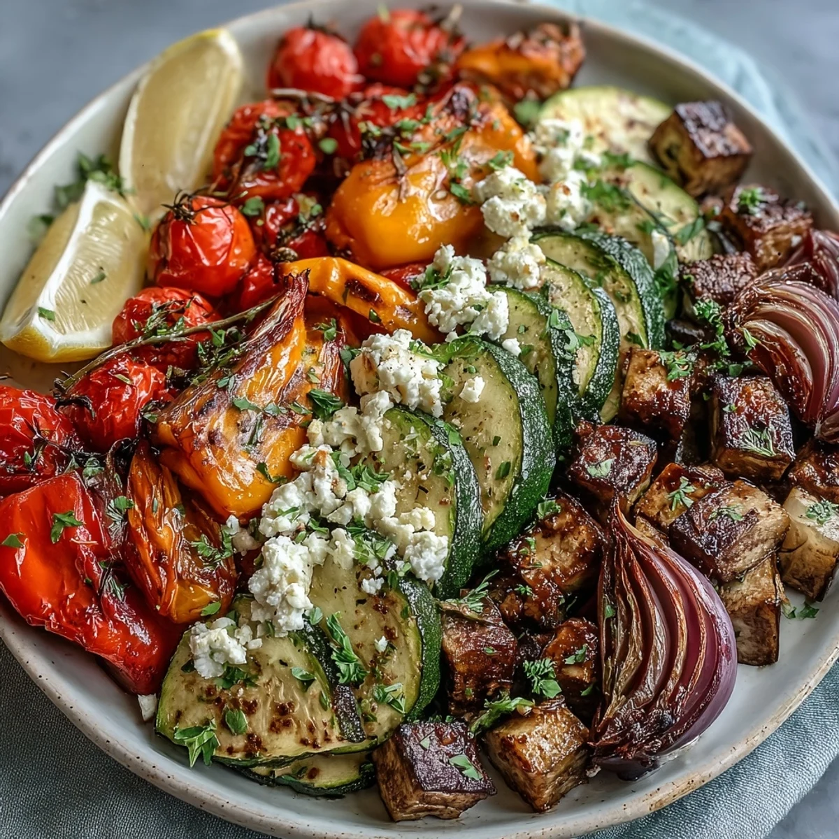 Colorful roasted Mediterranean Greek Vegetables on a baking sheet, featuring caramelized eggplant and peppers fresh from the 400°F oven.