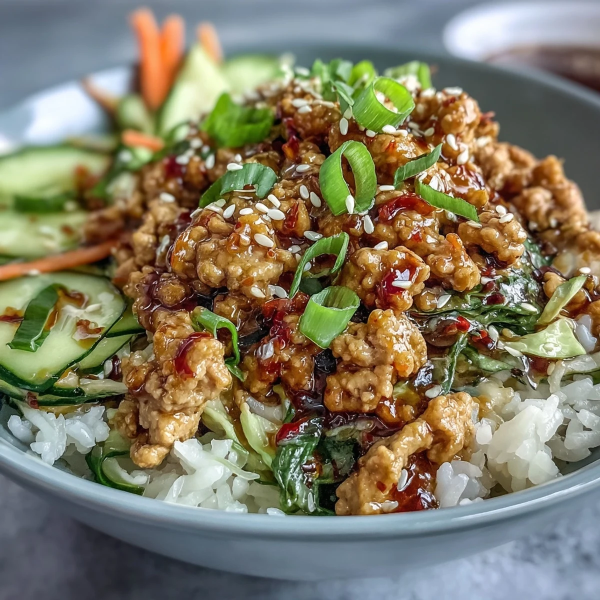Bang Bang Ground Turkey Rice Bowls feature tender turkey in spicy sauce, fluffy rice, crunchy carrots, cucumbers, and cabbage.