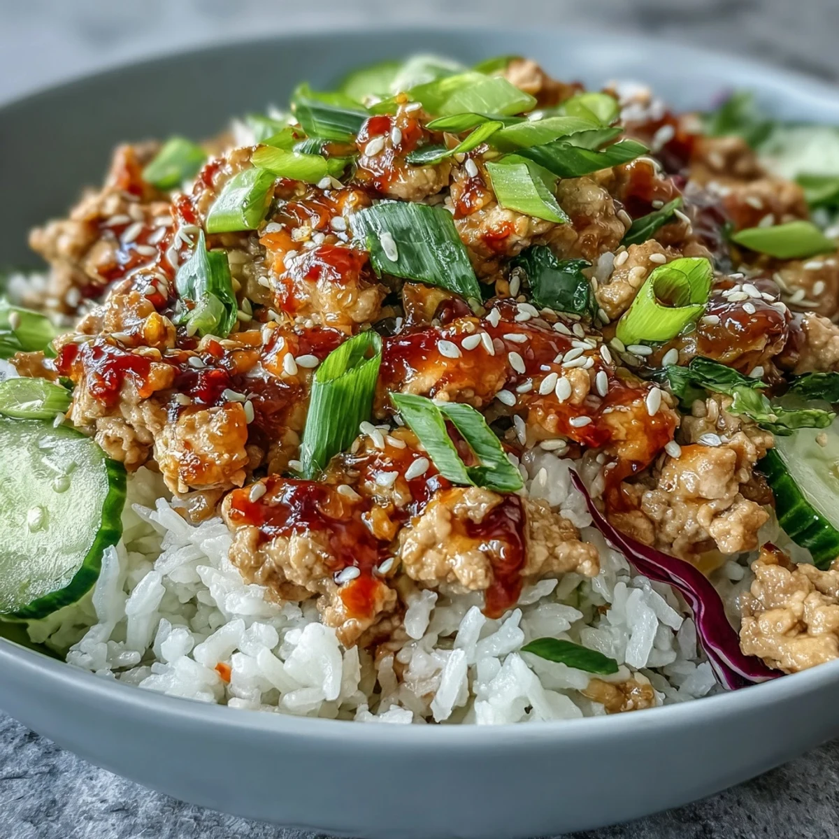 Ground turkey sizzling in tangy bang bang sauce over fluffy rice, topped with fresh cucumbers, carrots, and cabbage.